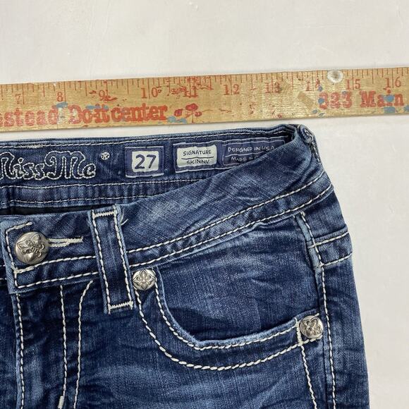 Miss Me Jeans 27x30 Signature Skinny Blue Denim Embellished Flap Pocket Aztec - Picture 8 of 11